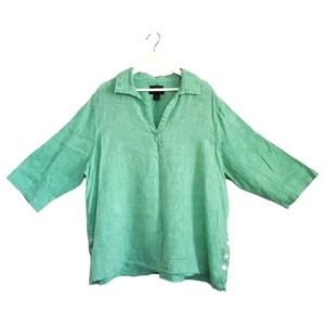 Tahari 100% Linen Top Blouse Green Pull Over Half Sleeve